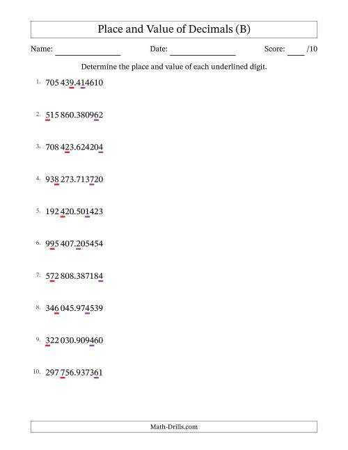 The SI Format Determining Place and Value of Decimal Numbers from Millionths to Hundred Thousands (B) Math Worksheet