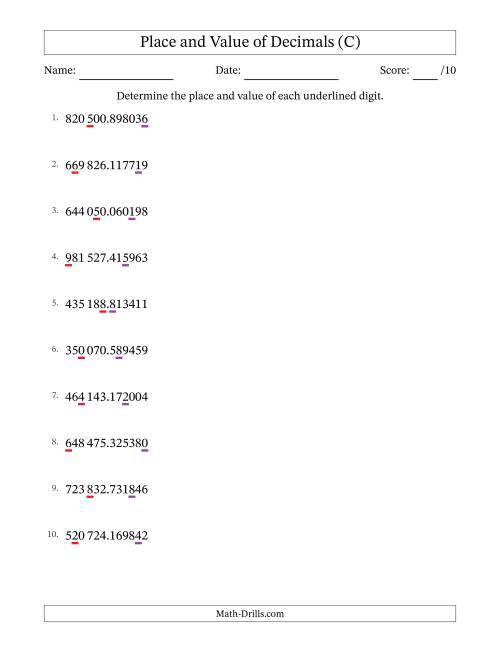 The SI Format Determining Place and Value of Decimal Numbers from Millionths to Hundred Thousands (C) Math Worksheet