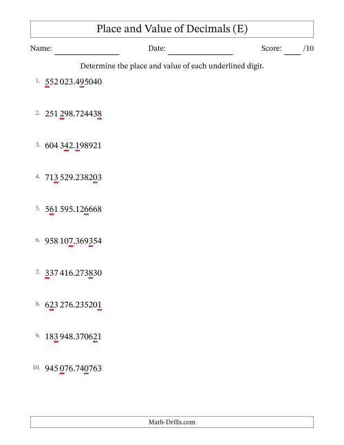 The SI Format Determining Place and Value of Decimal Numbers from Millionths to Hundred Thousands (E) Math Worksheet