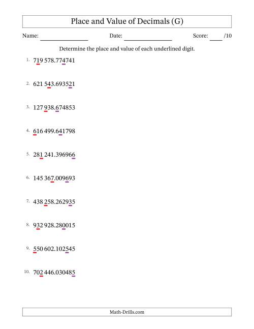 The SI Format Determining Place and Value of Decimal Numbers from Millionths to Hundred Thousands (G) Math Worksheet
