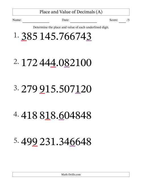 The SI Format Determining Place and Value of Decimal Numbers from Millionths to Hundred Thousands (Large Print) (A) Math Worksheet