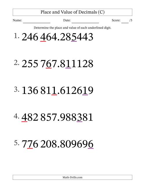 The SI Format Determining Place and Value of Decimal Numbers from Millionths to Hundred Thousands (Large Print) (C) Math Worksheet