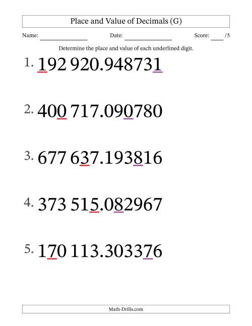 The SI Format Determining Place and Value of Decimal Numbers from Millionths to Hundred Thousands (Large Print) (G) Math Worksheet