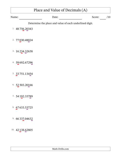 The SI Format Determining Place and Value of Decimal Numbers from Hundred Thousandths to Ten Thousands (A) Math Worksheet