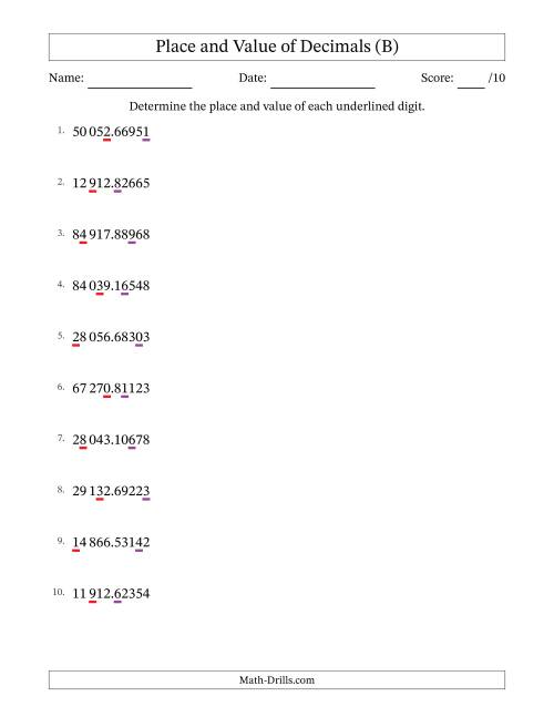 The SI Format Determining Place and Value of Decimal Numbers from Hundred Thousandths to Ten Thousands (B) Math Worksheet