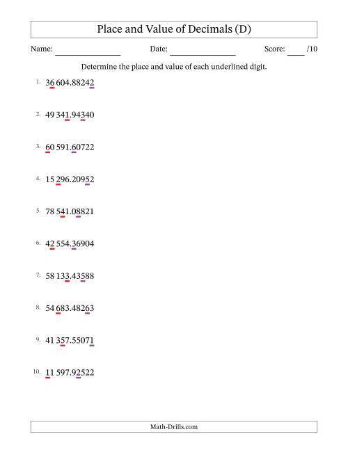 The SI Format Determining Place and Value of Decimal Numbers from Hundred Thousandths to Ten Thousands (D) Math Worksheet