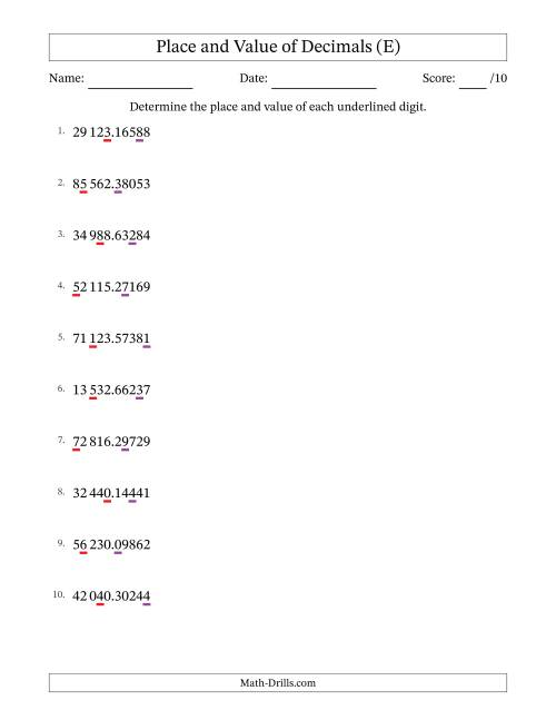 The SI Format Determining Place and Value of Decimal Numbers from Hundred Thousandths to Ten Thousands (E) Math Worksheet