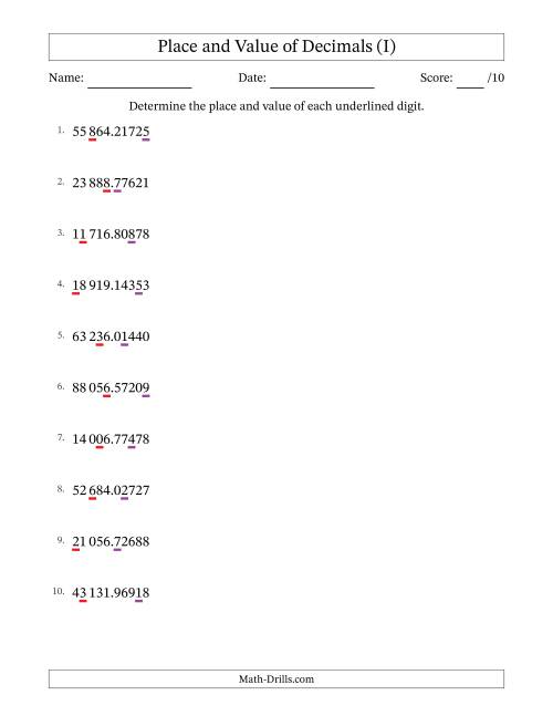 The SI Format Determining Place and Value of Decimal Numbers from Hundred Thousandths to Ten Thousands (I) Math Worksheet