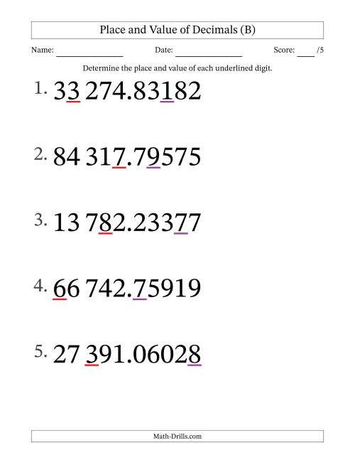 The SI Format Determining Place and Value of Decimal Numbers from Hundred Thousandths to Ten Thousands (Large Print) (B) Math Worksheet