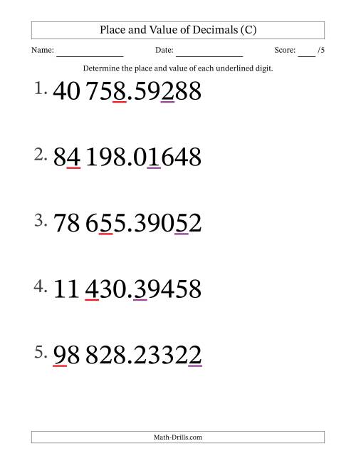 The SI Format Determining Place and Value of Decimal Numbers from Hundred Thousandths to Ten Thousands (Large Print) (C) Math Worksheet