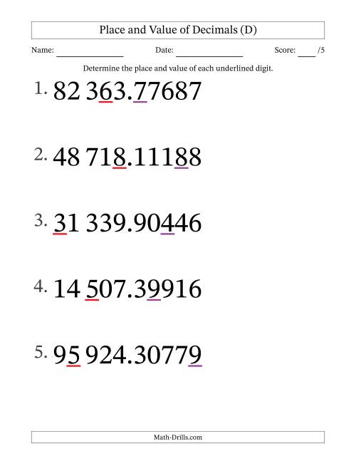 The SI Format Determining Place and Value of Decimal Numbers from Hundred Thousandths to Ten Thousands (Large Print) (D) Math Worksheet