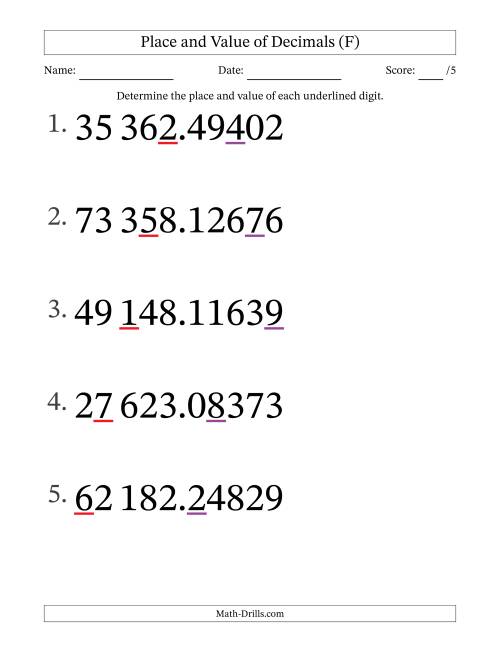The SI Format Determining Place and Value of Decimal Numbers from Hundred Thousandths to Ten Thousands (Large Print) (F) Math Worksheet