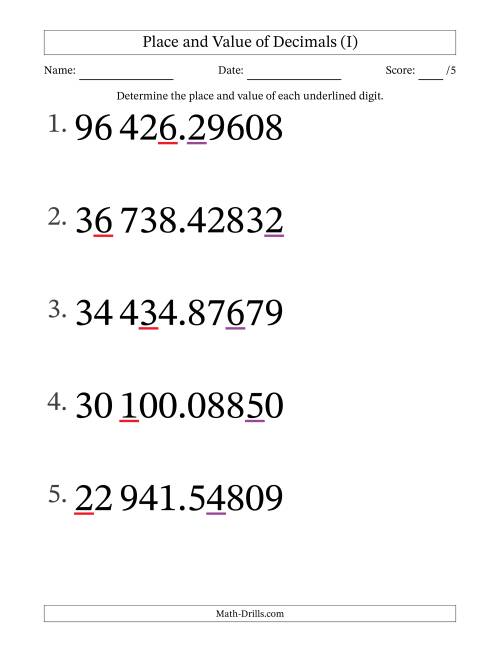 The SI Format Determining Place and Value of Decimal Numbers from Hundred Thousandths to Ten Thousands (Large Print) (I) Math Worksheet