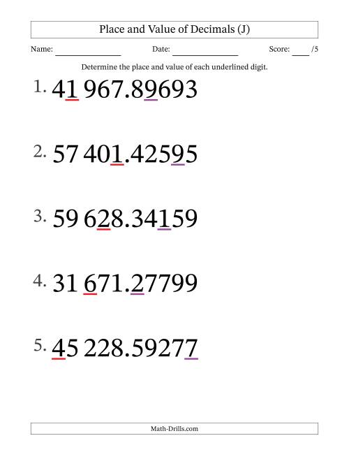 The SI Format Determining Place and Value of Decimal Numbers from Hundred Thousandths to Ten Thousands (Large Print) (J) Math Worksheet
