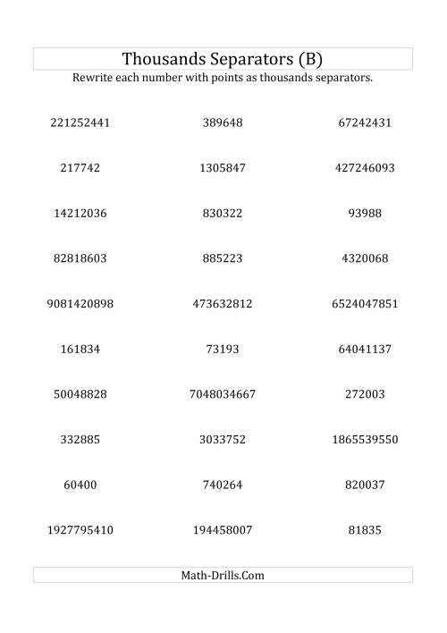 The Rewriting Numbers with Points as Thousands Separators (B) Math Worksheet