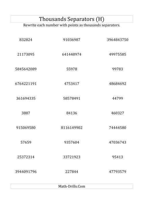The Rewriting Numbers with Points as Thousands Separators (H) Math Worksheet