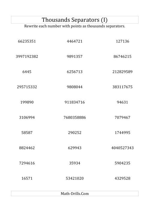 The Rewriting Numbers with Points as Thousands Separators (I) Math Worksheet
