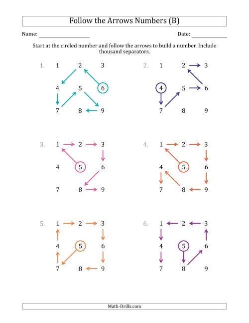 The Follow The Arrows to Build a Number and Include Thousands Separators (Grid Numbers in Order) (B) Math Worksheet
