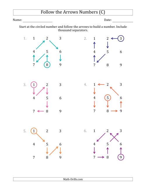 The Follow The Arrows to Build a Number and Include Thousands Separators (Grid Numbers in Order) (C) Math Worksheet