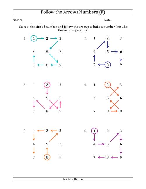 The Follow The Arrows to Build a Number and Include Thousands Separators (Grid Numbers in Order) (F) Math Worksheet