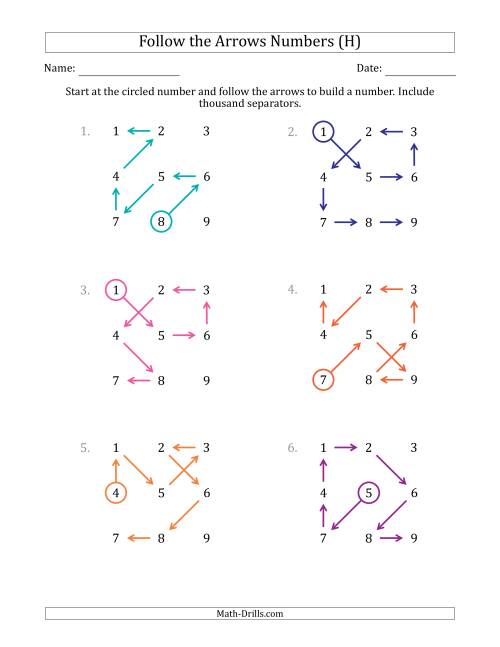 The Follow The Arrows to Build a Number and Include Thousands Separators (Grid Numbers in Order) (H) Math Worksheet