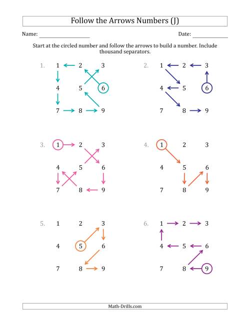 The Follow The Arrows to Build a Number and Include Thousands Separators (Grid Numbers in Order) (J) Math Worksheet