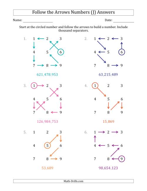 The Follow The Arrows to Build a Number and Include Thousands Separators (Grid Numbers in Order) (J) Math Worksheet Page 2