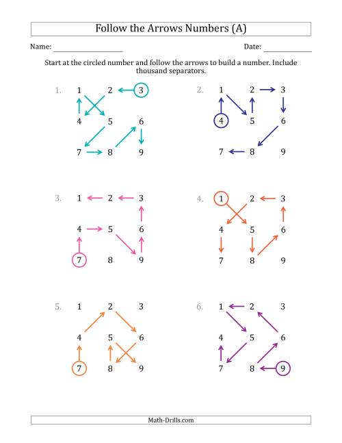 The Follow The Arrows to Build a Number and Include Thousands Separators (Grid Numbers in Order) (All) Math Worksheet
