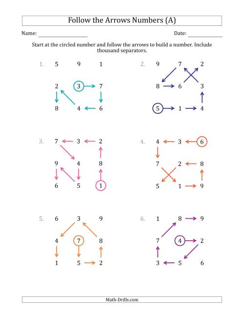 The Follow The Arrows to Build a Number and Include Thousands Separators (Grid Numbers Mixed) (A) Math Worksheet