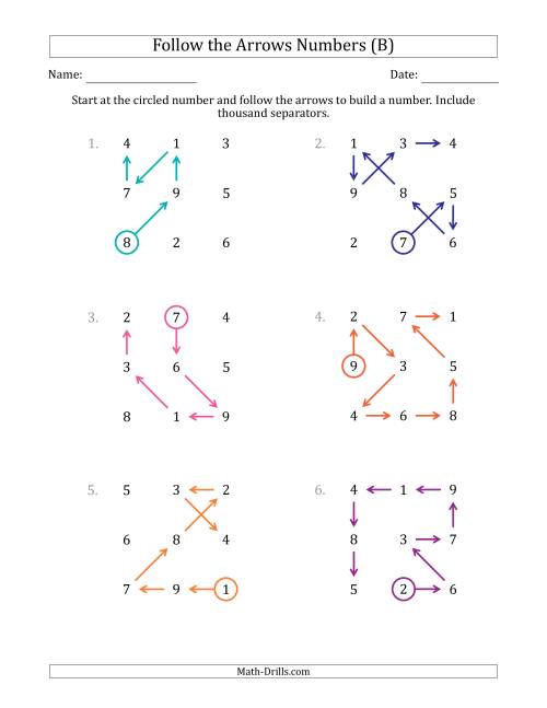 The Follow The Arrows to Build a Number and Include Thousands Separators (Grid Numbers Mixed) (B) Math Worksheet