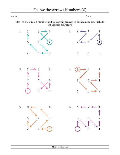 The Follow The Arrows to Build a Number and Include Thousands Separators (Grid Numbers Mixed) (C) Math Worksheet
