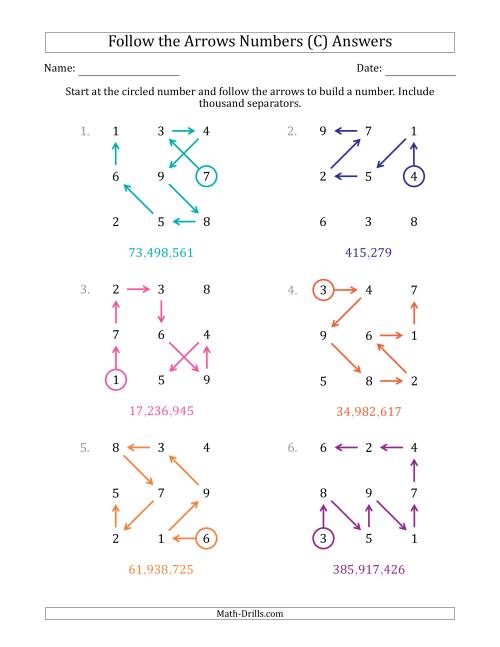 The Follow The Arrows to Build a Number and Include Thousands Separators (Grid Numbers Mixed) (C) Math Worksheet Page 2