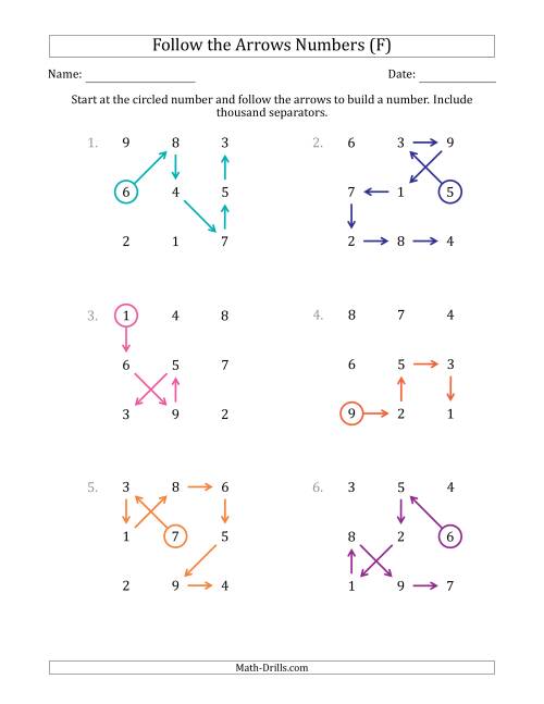 The Follow The Arrows to Build a Number and Include Thousands Separators (Grid Numbers Mixed) (F) Math Worksheet