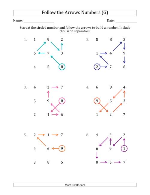 The Follow The Arrows to Build a Number and Include Thousands Separators (Grid Numbers Mixed) (G) Math Worksheet