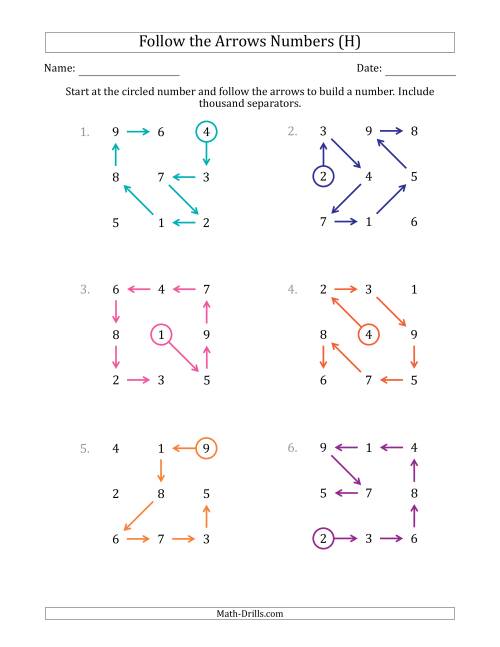 The Follow The Arrows to Build a Number and Include Thousands Separators (Grid Numbers Mixed) (H) Math Worksheet