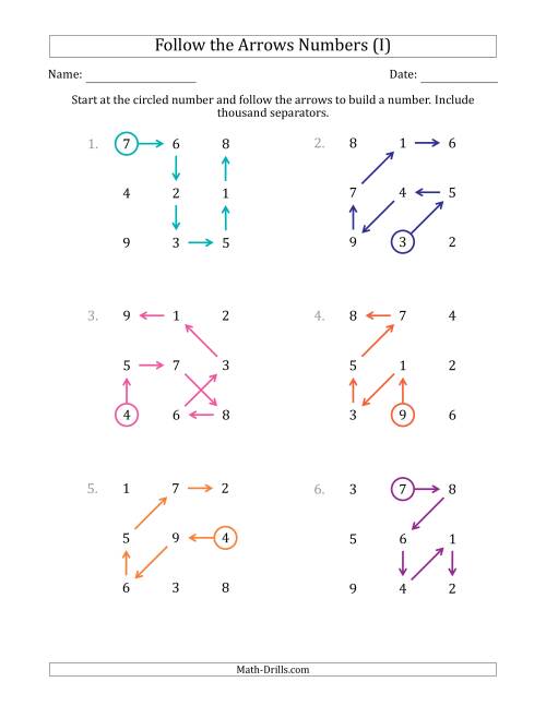 The Follow The Arrows to Build a Number and Include Thousands Separators (Grid Numbers Mixed) (I) Math Worksheet