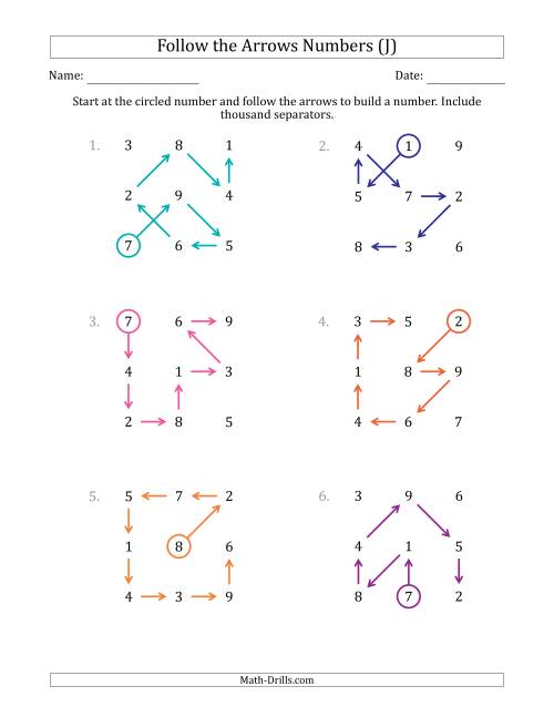 The Follow The Arrows to Build a Number and Include Thousands Separators (Grid Numbers Mixed) (J) Math Worksheet