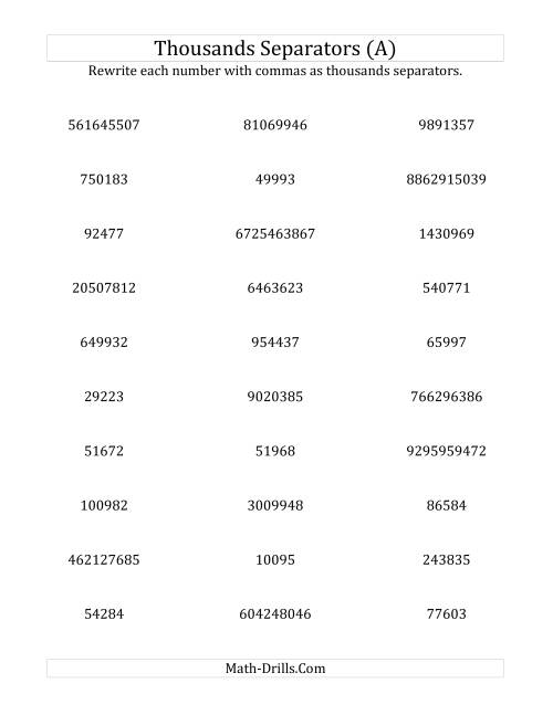 The Rewriting Numbers with Commas as Thousands Separators (A) Math Worksheet