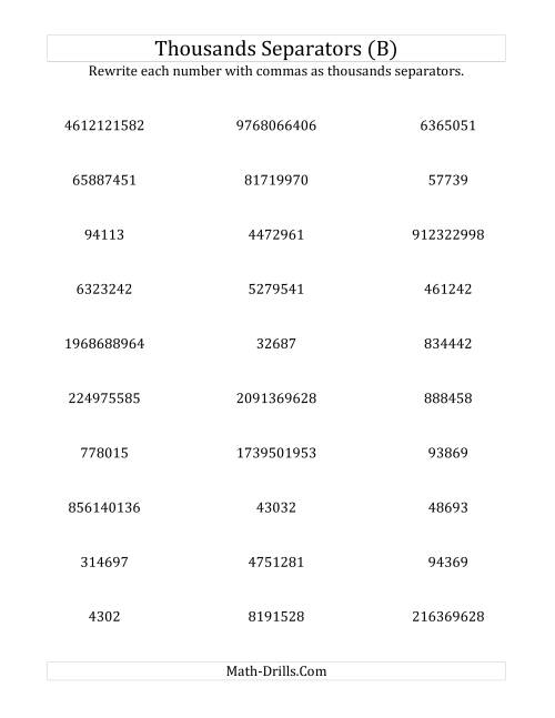 The Rewriting Numbers with Commas as Thousands Separators (B) Math Worksheet