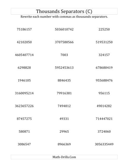 The Rewriting Numbers with Commas as Thousands Separators (C) Math Worksheet