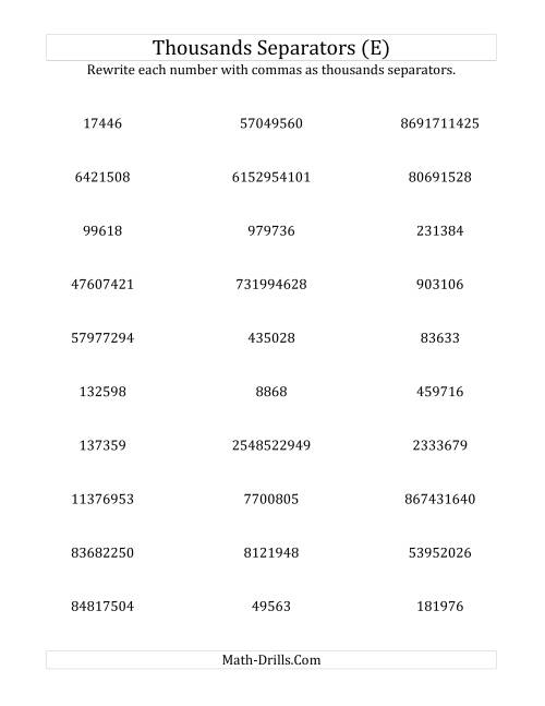 The Rewriting Numbers with Commas as Thousands Separators (E) Math Worksheet