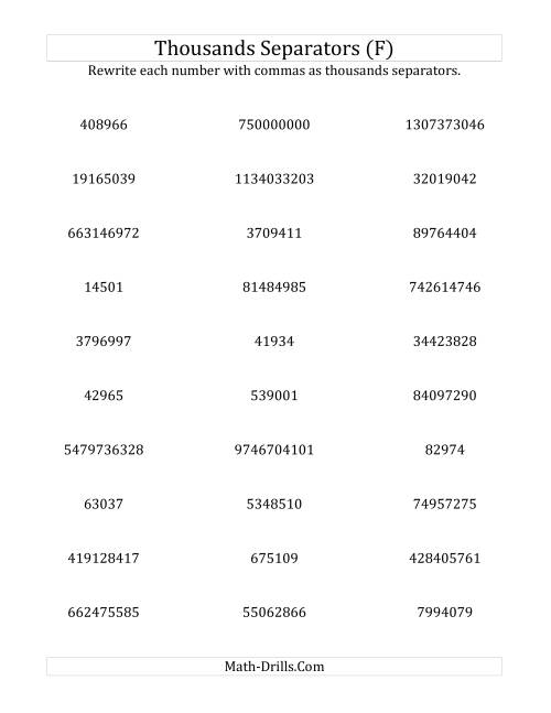 The Rewriting Numbers with Commas as Thousands Separators (F) Math Worksheet