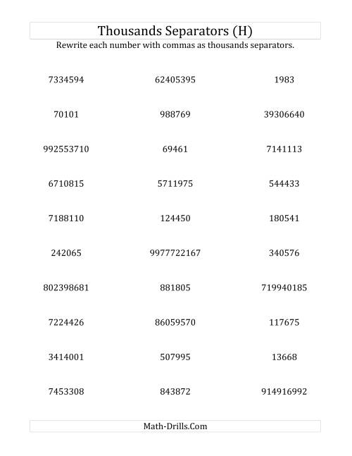 The Rewriting Numbers with Commas as Thousands Separators (H) Math Worksheet