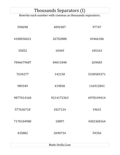 The Rewriting Numbers with Commas as Thousands Separators (I) Math Worksheet
