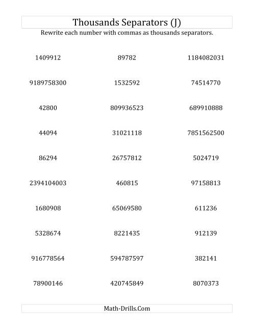 The Rewriting Numbers with Commas as Thousands Separators (J) Math Worksheet