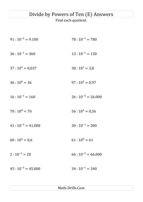The Dividing Whole Numbers by All Powers of Ten (Exponent Form) (E) Math Worksheet Page 2