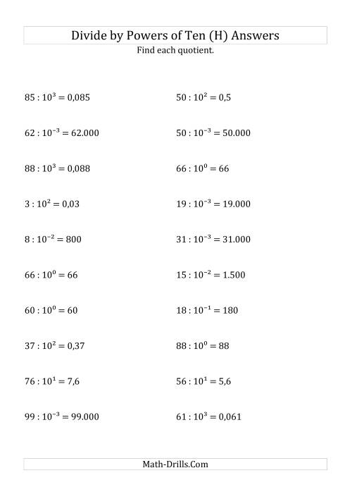 The Dividing Whole Numbers by All Powers of Ten (Exponent Form) (H) Math Worksheet Page 2