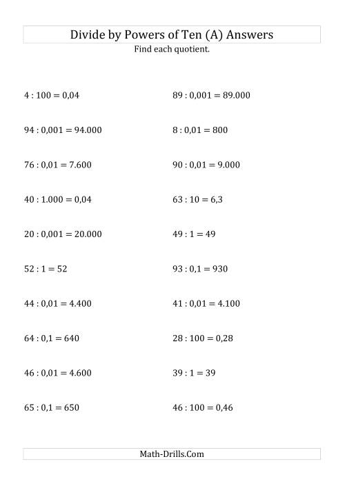 The Dividing Whole Numbers by All Powers of Ten (Standard Form) (A) Math Worksheet Page 2