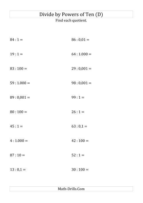 The Dividing Whole Numbers by All Powers of Ten (Standard Form) (D) Math Worksheet