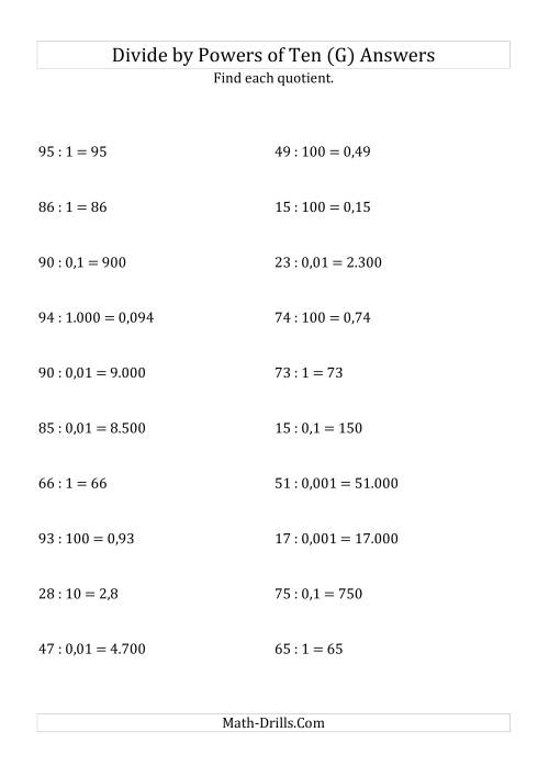 The Dividing Whole Numbers by All Powers of Ten (Standard Form) (G) Math Worksheet Page 2